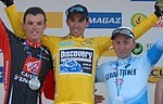 The final podium of Paris-Nice 2007: Sanchez, Contador, Rebellin